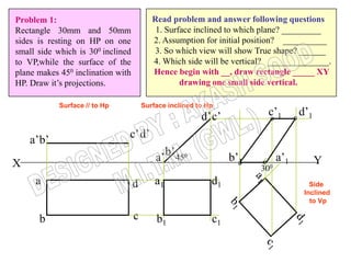 Problem 1:                                Read problem and answer following questions
Rectangle 30mm and 50mm                    1. Surface inclined to which plane? _________
sides is resting on HP on one             2. Assumption for initial position? __________
small side which is 300 inclined          3. So which view will show True shape? ______
to VP,while the surface of the            4. Which side will be vertical? ______________.
plane makes 450 inclination with          Hence begin with __, draw rectangle _____ XY
HP. Draw it’s projections.                        drawing one small side vertical.

            Surface // to Hp           Surface inclined to Hp
                                                         d’c’           c’1        d’1
                               c’d’
    a’b’
                                           a’ b’ 450             b’1         a’1         Y
X                                                                      300
     a                             d       a1               d1                        Side
                                                                                    Inclined
                                                                                      to Vp

      b                            c       b1               c1
 