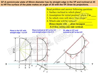Q7:A semicircular plate of 80mm diameter has its straight edge in the VP and inclined at 45
to HP.The surface of the plate makes an angle of 30 with the VP. Draw its projections.

                                                            Read problem and answer following questions
                                                            1. Surface inclined to which plane?______
                                                            2. Assumption for initial position? plane // to ____
                                                            3. So which view will show True shape? _______
                                                            4. Which side will be vertical? ___________
                                                               Hence begin with __,draw hexagon ______
                                                               X-Y line, taking one side vertical.
        Plane in the V.P. with         Plane inclined at 30º to the V.P.         St. edge in V.P. and
        straight edge ┴ to H.P         and straight edge in the H.P.             inclined at 45º to the H.P.

                   1’                        11’
                           2’                        21’

                                 3’                         31’
           Ø 80




                                      4’                     41’


                                 5’                         51’

                           6’              71’        61’
                   7’                                                      45º    71                          11
    X                                                 30º                                                               Y
                   1       2     3 4
                                                                                                                   21
                   7       6     5                                                       61
                                                                                                                   31
                                                                                                  51     41
 