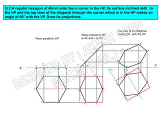 Q 2:A regular hexagon of 40mm side has a corner in the HP. Its surface inclined at45 to
the HP and the top view of the diagonal through the corner which is in the HP makes an
angle of 60° with the VP. Draw its projections.


                                                                                                Top view of the diagonal
                                                              Plane inclined to HP              making 60 with the VP.
                     Plane parallel to HP                     at 45 and ┴ to VP

                                                                                                                       d1’

                                                                                                     c1’
                                                                                                                                   e1’




                                                                                               b1’
                                                                                                                             f1’
                              b’        c’
                     a’       f’        e’      d’                   45                                     a1’                          Y
        X                                                                                60°               60°
                                                                                                                       f1
                                                               f1         e1                               a1
                          f                 e

                                                                                                                                   e1
                                                                                               b1

                 a                                   d                              d1
                                                         a1


                                                                                                                  d1
                                                                                                       c
                                                                                                       1

                          b                 c
                                                                b1             c1
 