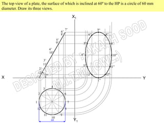 The top view of a plate, the surface of which is inclined at 60º to the HP is a circle of 60 mm
diameter. Draw its three views.

                                                                    X1


                                                            7’                      7”
                                                       6’
                                                       8’                      6”        8”
                                              5’
                                              9’                          5”                   9”
                                        4’
                                        10’
                                                                         4”                     10”
                              3’
                              11’                                         3”                  11”
                        2’
                      12’
                                  600                                          2”        12”
X                    1’                                                                               Y
                                                                                    1”

                                         4
                              3                    5
                         2                                  6

                     1                                          7

                         12                                 8
                              11                   9
                                         10
                                         60                         Y1
 