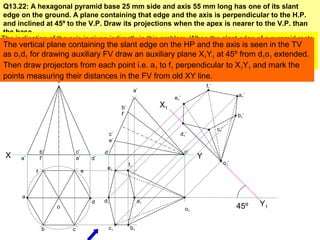 Q13.22: A hexagonal pyramid base 25 mm side and axis 55 mm long has one of its slant 
edge on the ground. A plane containing that edge and the axis is perpendicular to the H.P. 
and inclined at 45º to the V.P. Draw its projections when the apex is nearer to the V.P. than 
the base. 
The inclination of the axis is given indirectly in this problem. When the slant edge of a pyramid rests 
on the HP its axis is inclined with the HP so while deciding first view the axis of the solid must be 
kept perpendicular to HP i.e. true shape of the base will be seen in the TV. Secondly when drawing 
hexagon in the TV we have to keep the corners at the extreme ends. 
The vertical plane containing the slant edge on the HP and the axis is seen in the TV 
as o1d1 for drawing auxiliary FV draw an auxiliary plane X1Y1 at 45º from d1o1 extended. 
Then draw projectors from each point i.e. a1 to f1 perpendicular to X1Y1 and mark the 
points measuring their distances in the FV from old XY line. 
o’ 
e1’ 
X Y 
a 
b c 
d 
f e 
a’ 
b’ 
f’ 
c’ 
e’ d’ 
o 
a’ 
b’ 
f’ 
c’ 
e’ 
d’ o’ 
a1 
e1 
d1 
f1 
b1 c1 
o1 
a1’ 
45º 
o1’ 
d1’ 
c1’ 
f1’ 
b1’ 
X1 
Y1 
