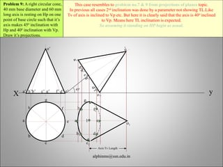 Axis Tv Length
h
a
b
c
d
e
g
f
y
X a’ b’ d’ e’
c’ g’ f’
h’
o’
a
’
h
’
b
’
e
’
c
’
g
’
d
’
f
’
o
’
450
a1
h1 f1
e1
d1
c1
b1
g1
o1
1
Problem 9: A right circular cone,
40 mm base diameter and 60 mm
long axis is resting on Hp on one
point of base circle such that it’s
axis makes 450
inclination with
Hp and 400
inclination with Vp.
Draw it’s projections.
This case resembles to problem no.7 & 9 from projections of planes topic.
In previous all cases 2nd
inclination was done by a parameter not showing TL.Like
Tv of axis is inclined to Vp etc. But here it is clearly said that the axis is 400
inclined
to Vp. Means here TL inclination is expected.
So assuming it standing on HP begin as usual.
alphinms@ssn.edu.in
 
