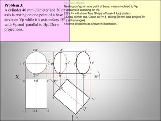 a
b
d
c
1
2
4
3
X
a b d c
1 2 4 3
a’
b’
c’
d’
1’
2’
3’
4’
450
4’
3’
2’
1’
d’
c’
b’
a’
350
Problem 3:
A cylinder 40 mm diameter and 50 mm
axis is resting on one point of a base
circle on Vp while it’s axis makes 450
with Vp and parallel to Hp. Draw
projections..
Solution Steps:
Resting on Vp on one point of base, means inclined to Vp:
1.Assume it standing on Vp
2.It’s Fv will show True Shape of base & top( circle )
3.Draw 40mm dia. Circle as Fv & taking 50 mm axis project Tv.
( a Rectangle)
4.Name all points as shown in illustration.
 