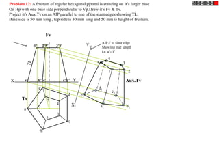 Problem 12: A frustum of regular hexagonal pyrami is standing on it’s larger base
On Hp with one base side perpendicular to Vp.Draw it’s Fv & Tv.
Project it’s Aux.Tv on an AIP parallel to one of the slant edges showing TL.
Base side is 50 mm long , top side is 30 mm long and 50 mm is height of frustum.


                         Fv
                                                               AIP // to slant edge
              1’       2’5’    3’4’                   Y1
                                                               Showing true length
                                                               i.e. a’- 1’
                                                                    4
                                                           5                 3
                                                                    1             2

 X      a’         b’ e’              c’ d’ Y                                    Aux.Tv
                   e                                       d1
                                                                        c1
                                        d        e1
       Tv                  5
                               4            X1                 a1                b1
        a          1
                               3
                           2
                                        c

                    b
 