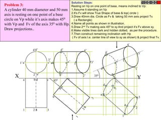 Solution Steps:
Problem 3:                                        Resting on Vp on one point of base, means inclined to Vp:
A cylinder 40 mm diameter and 50 mm               1.Assume it standing on Vp
                                                  2.It’s Fv will show True Shape of base & top( circle )
axis is resting on one point of a base            3.Draw 40mm dia. Circle as Fv & taking 50 mm axis project Tv.
circle on Vp while it’s axis makes 450              ( a Rectangle)
with Vp and Fv of the axis 350 with Hp.           4.Name all points as shown in illustration.
                                                  5.Draw 2nd Tv making axis 450 to xy And project it’s Fv above xy.
Draw projections..                                6.Make visible lines dark and hidden dotted, as per the procedure.
                                                  7.Then construct remaining inclination with Hp
                                                  ( Fv of axis I.e. center line of view to xy as shown) & project final Tv.



                  4’d’                  d’                  4’

                          3’
          1’ a’           c’ a’              c’                   3’
                                                    1’


                  2’ b’                 b’                 2’
      X                                                                350
                                                                                                        Y
            a     bd      c       450                                                   c1
                                                                                  d1
                                                                                       b1

                                                                             a1
                                                                                                           3

                                                                                                 4
                                                                                                       2
            1     24      3
                                                                                             1
 
