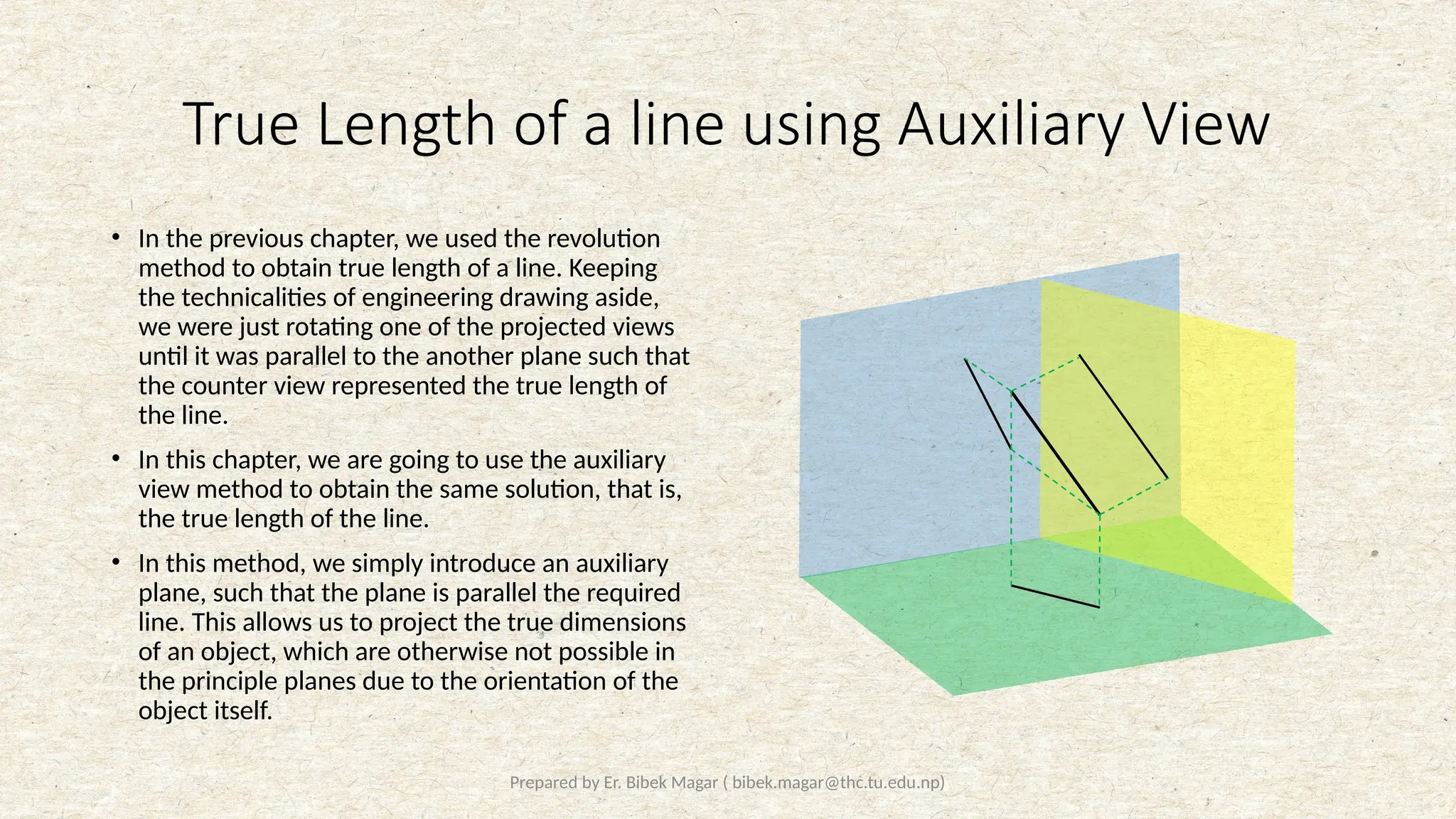 Prepared by Er. Bibek Magar ( bibek.magar@thc.tu.edu.np)
True Length of a line using Auxiliary View
• In the previous chapter, we used the revolution
method to obtain true length of a line. Keeping
the technicalities of engineering drawing aside,
we were just rotating one of the projected views
until it was parallel to the another plane such that
the counter view represented the true length of
the line.
• In this chapter, we are going to use the auxiliary
view method to obtain the same solution, that is,
the true length of the line.
• In this method, we simply introduce an auxiliary
plane, such that the plane is parallel the required
line. This allows us to project the true dimensions
of an object, which are otherwise not possible in
the principle planes due to the orientation of the
object itself.
 