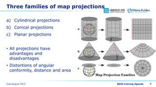 Three families of map projections
a) Cylindrical projections
b) Conical projections
c) Planar projections
• All projections have
advantages and
disadvantages
• Distortions of angular
conformity, distance and area
7
 