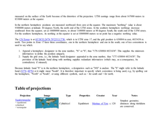 measured on the surface of the Earth because of the distortion of the projection. UTM eastings range from about 167000 meters to
833000 meters at the equator.
In the northern hemisphere positions are measured northward from zero at the equator. The maximum "northing" value is about
9300000 meters at latitude 84 degrees North, the north end of the UTM zones. In the southern hemisphere northings decrease
southward from the equator, set at 10000000 meters, to about 1100000 meters at 80 degrees South, the south end of the UTM zones.
For the southern hemisphere, its northing at the equator is set at 10000000 meters so no point has a negative northing value.
The CN Tower is at 43°38′33.24″N 79°23′13.7″W, which is in UTM zone 17, and the grid position is 630084 m east, 4833438 m
north. Two points in Zone 17 have these coordinates, one in the northern hemisphere and one in the south; one of two conventions is
used to say which:
1. Append a hemisphere designator to the zone number, "N" or "S", thus "17N 630084 4833438". This supplies the minimum
information to define the position uniquely.
2. Supply the grid zone, i.e., the latitude band designator appended to the zone number, thus "17T 630084 4833438". The
provision of the latitude band along with northing supplies redundant information (which may, as a consequence, be
contradictory if misused).
Because latitude band "S" is in the northern hemisphere, a designation such as "38S" is unclear. The "S" might refer to the latitude
band (32°N–40°N) or it might mean "South". It is therefore important to specify which convention is being used, e.g., by spelling out
the hemisphere, "North" or "South", or using different symbols, such as − for south and + for north.
Table of projections
Projection Image Type Properties Creator Year Notes
Equirectangular
= equidistant
cylindrical
= rectangular
Cylindrical Equidistant Marinus of Tyre c. 120
Simplest geometry;
distances along meridians
are conserved.
 