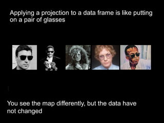 Applying a projection to a data frame is like putting
on a pair of glasses
You see the map differently, but the data have
not changed
 