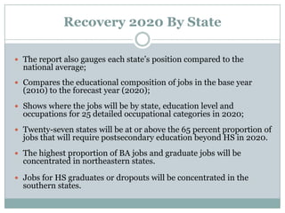 Recovery 2020 By State
 The report also gauges each state’s position compared to the
national average;
 Compares the edu...