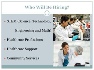 Who Will Be Hiring?
 STEM (Science, Technology,
Engineering and Math)
 Healthcare Professions
 Healthcare Support
 Com...