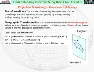 Transformation – The process of converting the coordinates of a map
or an image from one system to another, typically by shifting, rotating,
scaling, skewing, or projecting them.
Geographic Transformation – A systematic conversion of the latitude-longitude
values for a set of points from one geographic coordinate system - Datum - to equivalent
values in another geographic coordinate system.
Often called the “Datum Shift”
Understanding Coordinate Systems for ArcGIS
Projection Terminology - From the ArcGIS Glossary
 