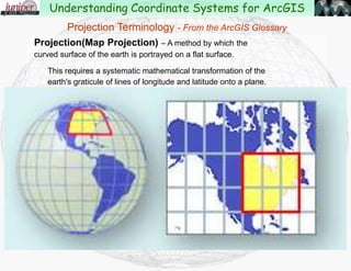 Projection(Map Projection) – A method by which the curved surface
of the earth is portrayed on a flat surface.
This requires a systematic mathematical transformation of the
earth's graticule of lines of longitude and latitude onto a plane.
Understanding Coordinate Systems for ArcGIS
Projection Terminology - From the ArcGIS Glossary
 