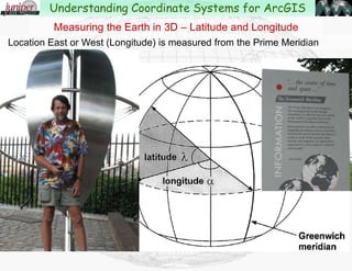 Measuring the Earth in 3D – Latitude and Longitude
Latitude/Longitude measures in degrees — not in distance. The
actual length of a degree changes over different parts of the earth.
Understanding Coordinate Systems for ArcGIS
 