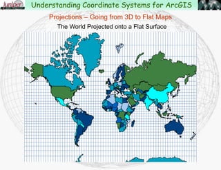 Projections – Going from 3D to Flat Maps
The World as seen from Space in 3D
Understanding Coordinate Systems for ArcGIS
 
