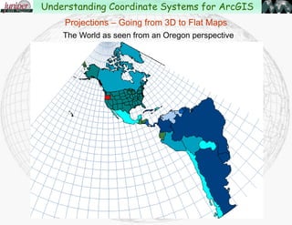 The World Projected onto a Flat Surface
Projections – Going from 3D to Flat Maps
Understanding Coordinate Systems for ArcGIS
 