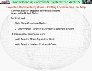Projected Coordinate Systems – Plotting Location on a Flat Map
Based on a Conic Conformal Projection that with two points of tangency
Understanding Coordinate Systems for ArcGIS
 