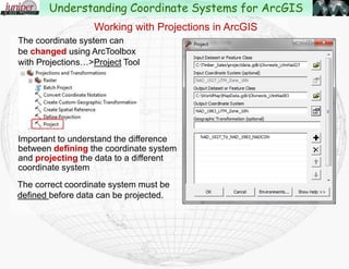Projecting Data in ArcGIS – Transformation methods NAD27/WGS84
These maps are
available
from ArcScripts.
The script is
named
Geographic
Transformation
Formula Maps;
Created by
Rob Burke.
http://arcscripts.
esri.com/details.
asp?dbid=15287
Working with Projections in ArcGIS
Understanding Coordinate Systems for ArcGIS
 