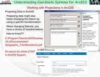 Projecting Data in ArcGIS – Transformation methods NAD27/NAD83
These maps are
available
from ArcScripts.
The script is
named
Geographic
Transformation
Formula Maps;
Created by
Rob Burke.
http://arcscripts.
esri.com/details.
asp?dbid=15287
Working with Projections in ArcGIS
Understanding Coordinate Systems for ArcGIS
 