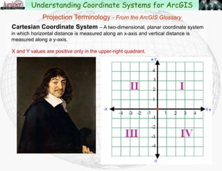 Cartesian Coordinate System – A two-dimensional, planar coordinate system
in which horizontal distance is measured along an x-axis and vertical distance is
measured along a y-axis.
Each point on the plane is defined by an x,y coordinate. Relative measures of
distance, area, and direction are constant.
X and Y values are positive only in the upper-right quadrant.
Understanding Coordinate Systems for ArcGIS
Projection Terminology - From the ArcGIS Glossary
 