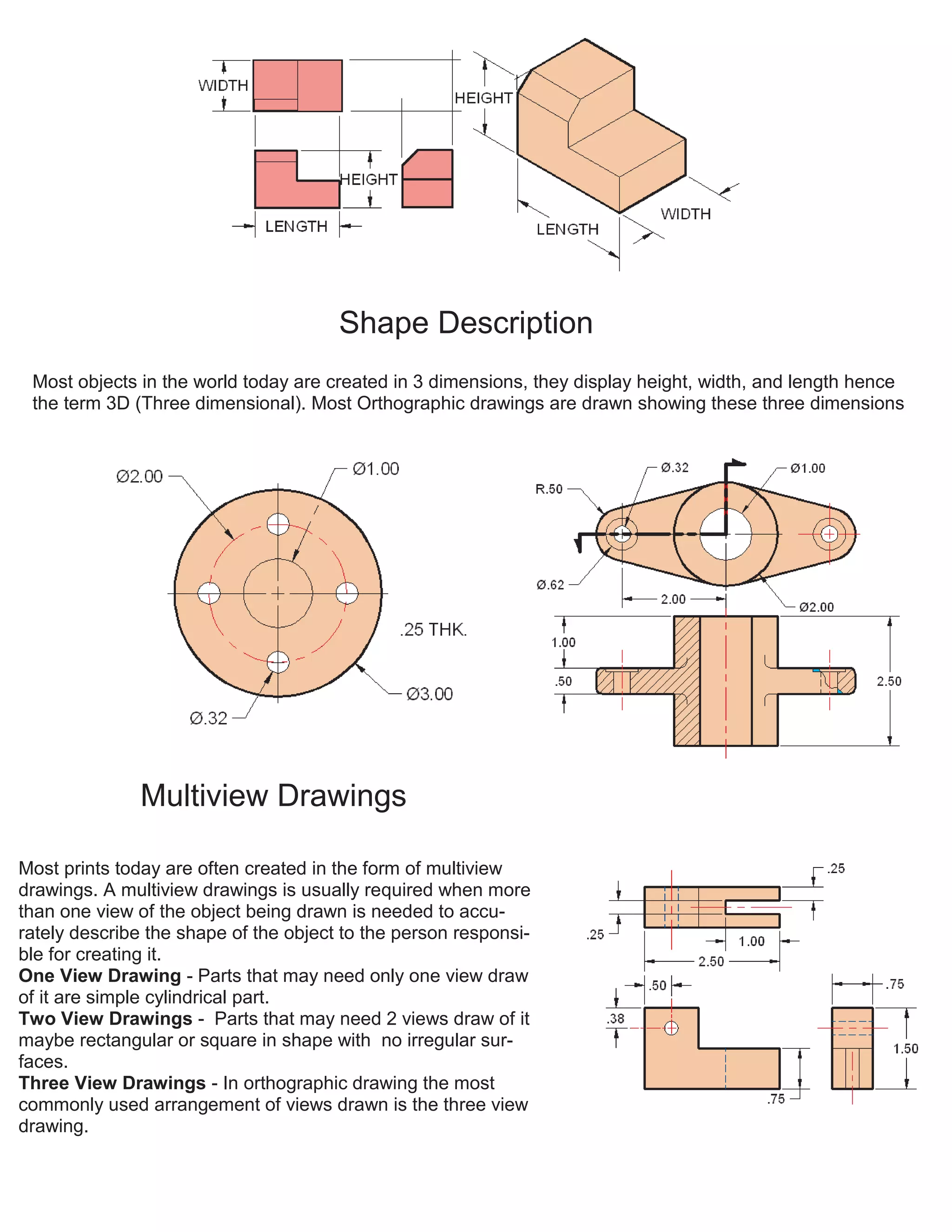Shape Description
Most objects in the world today are created in 3 dimensions, they display height, width, and length hence
the term 3D (Three dimensional). Most Orthographic drawings are drawn showing these three dimensions
Multiview Drawings
Most prints today are often created in the form of multiview
drawings. A multiview drawings is usually required when more
than one view of the object being drawn is needed to accu-
rately describe the shape of the object to the person responsi-
ble for creating it.
One View Drawing - Parts that may need only one view draw
of it are simple cylindrical part.
Two View Drawings - Parts that may need 2 views draw of it
maybe rectangular or square in shape with no irregular sur-
faces.
Three View Drawings - In orthographic drawing the most
commonly used arrangement of views drawn is the three view
drawing.
 
