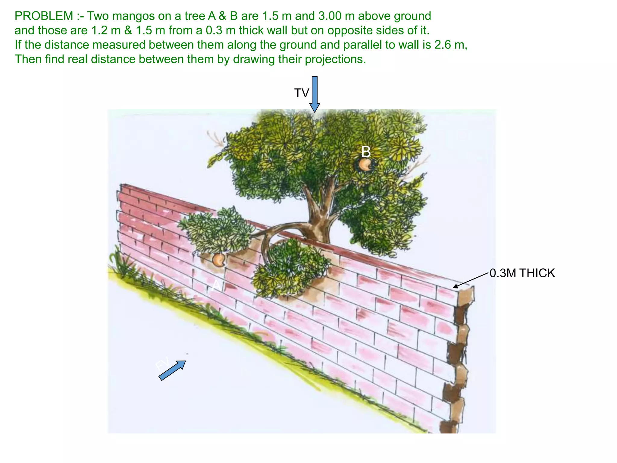 PROBLEM :- Two mangos on a tree A & B are 1.5 m and 3.00 m above ground
and those are 1.2 m & 1.5 m from a 0.3 m thick wall but on opposite sides of it.
If the distance measured between them along the ground and parallel to wall is 2.6 m,
Then find real distance between them by drawing their projections.
TV
A
B
0.3M THICK
 