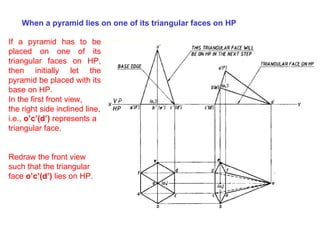 When a pyramid lies on one of its triangular faces on HP If a pyramid has to be placed on one of its triangular faces on HP, then initially let the pyramid be placed with its base on HP. In the first front view, the right side inclined line, i.e.,  o’c’(d’)  represents a triangular face. Redraw the front view such that the triangular face  o’c’(d’)  lies on HP. 
