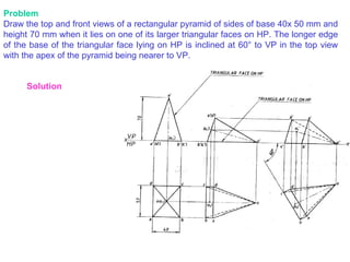 Problem Draw the top and front views of a rectangular pyramid of sides of base 40x 50 mm and height 70 mm when it lies on one of its larger triangular faces on HP. The longer edge of the base of the triangular face lying on HP is inclined at 60 °  to VP in the top view with the apex of the pyramid being nearer to VP. Solution 