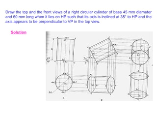 Draw the top and the front views of a right circular cylinder of base 45 mm diameter and 60 mm long when it lies on HP such that its axis is inclined at 35 °  to HP and the axis appears to be perpendicular to VP in the top view. Solution 