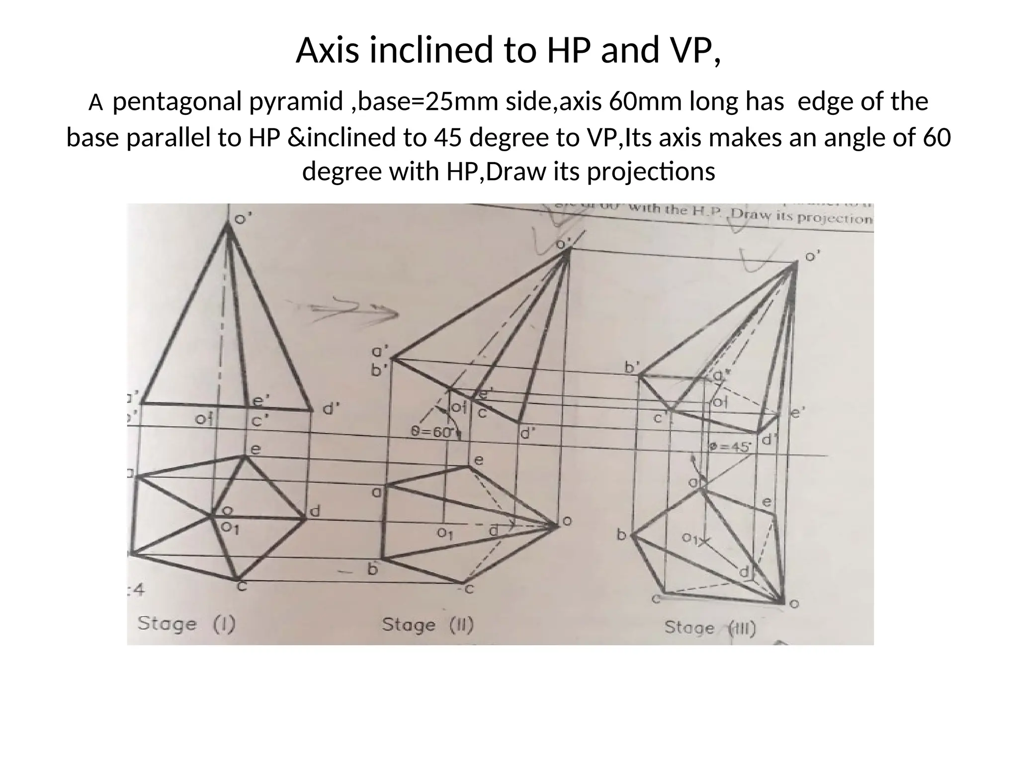 Axis inclined to HP and VP,
A pentagonal pyramid ,base=25mm side,axis 60mm long has edge of the
base parallel to HP &inclined to 45 degree to VP,Its axis makes an angle of 60
degree with HP,Draw its projections
 