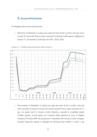 Fabio Pammolli, Nicola C. Salerno | PROIEZIONI REGIONALI 2012 – 2030




                5. Scenari di Proiezione

 Si sviluppano due scenari di proiezione:


          — Nel primo, lo Scenario-1, la spesa pro-capite per fasce di età si evolve, anno per anno,
                al tasso di crescita del Pil pro-capite nazionale. La dinamica della spesa è raffigurata al
                Grafico 11, che prende in esame gli anni 2012, 2020, 2030;
   

 Grafico 11 ::: Profilo di spesa benchmark nello Scenario-1

6.500


6.000


5.500


5.000


4.500


4.000


3.500


3.000


2.500


2.000


1.500


1.000


 500

                                                                       2030                                        2020                                            2012
      -
           <1

                 1-4

                       5-9

                             10 - 14

                                       15 - 19

                                                 20 - 24

                                                             25 - 29

                                                                         30 - 34

                                                                                   35 - 39

                                                                                             40 - 44

                                                                                                       45 - 49

                                                                                                                 50 - 54

                                                                                                                           55 - 59

                                                                                                                                     60 - 64

                                                                                                                                               65 - 69

                                                                                                                                                         70 - 74

                                                                                                                                                                    75 - 79

                                                                                                                                                                              80 - 84

                                                                                                                                                                                        85 - 89

                                                                                                                                                                                                  90 - 94

                                                                                                                                                                                                            95 - plus




                                                                                                                                                                                                                          
   
          — Nel secondo, lo Scenario-2, la spesa pro-capite per fasce di età si evolve, anno per
                anno, secondo un tasso di crescita che sovrasta quello Pil pro-capite nazionale di 1,5
                p.p.. Su questo trend si innesta un’altra dinamica, secondo la cosiddetta ipotesi
                “healthy ageing”: di pari passo con l’aumento della speranza di vista, le migliori
                condizioni di salute delle età più giovani si estendono alle età più anziane contigue,
                secondo l’algoritmo esposto in dettaglio nel Working Paper CeRM n. 3-2011 e qui



                                                                                                  34
 