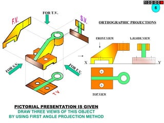 FOR T.V.
FOR
F.V.FOR
S.V.
ORTHOGRAPHIC PROJECTIONS
FRONT VIEW
TOP VIEW
L.H.SIDE VIEW
X Y
6
PICTORIAL PRESENTATION IS GIVEN
DRAW THREE VIEWS OF THIS OBJECT
BY USING FIRST ANGLE PROJECTION METHOD
 