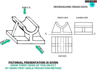 FOR T.V.
FOR S.V.
FOR
F.V.
10
ORTHOGRAPHIC PROJECTIONS
FRONT VIEW
TOP VIEW
L.H.SIDE VIEW
X Y
PICTORIAL PRESENTATION IS GIVEN
DRAW THREE VIEWS OF THIS OBJECT
BY USING FIRST ANGLE PROJECTION METHOD
 