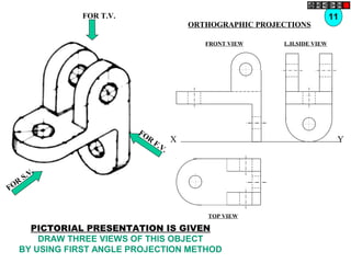 FOR T.V.
FOR
S.V.
FOR
F.V.
11
ORTHOGRAPHIC PROJECTIONS
FRONT VIEW
TOP VIEW
L.H.SIDE VIEW
X Y
PICTORIAL PRESENTATION IS GIVEN
DRAW THREE VIEWS OF THIS OBJECT
BY USING FIRST ANGLE PROJECTION METHOD
 
