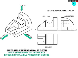 FOR T.V.
FOR
S.V. FOR
F.V.
12
ORTHOGRAPHIC PROJECTIONS
FRONT VIEW
TOP VIEW
L.H.SIDE VIEW
X Y
PICTORIAL PRESENTATION IS GIVEN
DRAW THREE VIEWS OF THIS OBJECT
BY USING FIRST ANGLE PROJECTION METHOD
 
