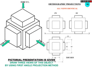 FOR T.V.
FOR
S.V. FOR
F.V.
16ORTHOGRAPHIC PROJECTIONS
x y
FV SV
ALL VIEWS IDENTICAL
40 60
60
40
10
TOP VIEW
PICTORIAL PRESENTATION IS GIVEN
DRAW THREE VIEWS OF THIS OBJECT
BY USING FIRST ANGLE PROJECTION METHOD
 