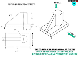 50
80
10
30 D
TV
O
FOR T.V.
FOR
F.V.
18ORTHOGRAPHIC PROJECTIONS
40
10
45
FV
O
X Y
PICTORIAL PRESENTATION IS GIVEN
DRAW THREE VIEWS OF THIS OBJECT
BY USING FIRST ANGLE PROJECTION METHOD
 