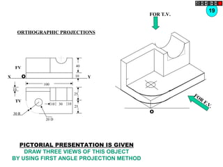 X Y
FV
O
40
10
10
TV
25
25
30 R
100
103010
20 D
FOR
F.V.
O
19
ORTHOGRAPHIC PROJECTIONS
FOR T.V.
PICTORIAL PRESENTATION IS GIVEN
DRAW THREE VIEWS OF THIS OBJECT
BY USING FIRST ANGLE PROJECTION METHOD
 
