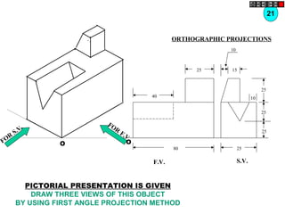 O O
40
25
80
F.V.
10
15
25
25
25
25
10
S.V.
FOR
S.V.
FOR
F.V.
21
ORTHOGRAPHIC PROJECTIONS
PICTORIAL PRESENTATION IS GIVEN
DRAW THREE VIEWS OF THIS OBJECT
BY USING FIRST ANGLE PROJECTION METHOD
 