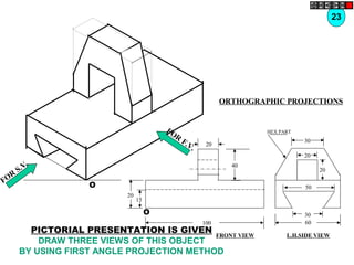 O
O
20
20
15
40
100
30
60
30
20
20
50
HEX PART
FOR
S.V.
FOR
F.V.
23
ORTHOGRAPHIC PROJECTIONS
FRONT VIEW L.H.SIDE VIEW
PICTORIAL PRESENTATION IS GIVEN
DRAW THREE VIEWS OF THIS OBJECT
BY USING FIRST ANGLE PROJECTION METHOD
 