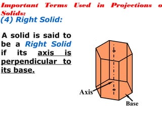 Important Terms Used in Projections o
Solids:
(4) Right Solid:
A solid is said to
be a Right Solid
if its axis is
perpendicular to
its base.
Axis
Base
 