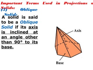 Important Terms Used in Projections o
Solids:(5) Oblique
Solid:
A solid is said
to be a Oblique
Solid if its axis
is inclined at
an angle other
than 90° to its
base.
Axis
Base
 