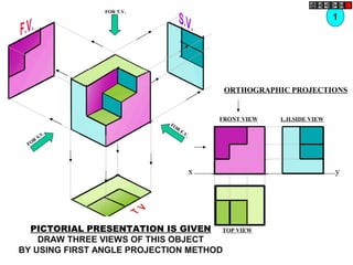 x y
FRONT VIEW
TOP VIEW
L.H.SIDE VIEW
FOR
F.V.
FOR
S.V.
FOR T.V.
PICTORIAL PRESENTATION IS GIVEN
DRAW THREE VIEWS OF THIS OBJECT
BY USING FIRST ANGLE PROJECTION METHOD
ORTHOGRAPHIC PROJECTIONS
1
 