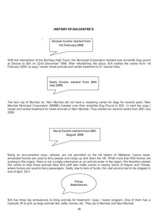 18
HISTORY OF IDACENTRE’S
:
With the intervention of the Bombay High Court, the Municipal Corporation handed over erstwhile Dog pound
at Deonar to IDA on 22nd December 1999. After refurbishing the place, IDA started the centre from 1st
February 2000, to spay / neuter street animals and render treatment to ill / injured ones.
The twin city of Mumbai viz. Navi Mumbai did not have a neutering center for dogs for several years. Navi
Mumbai Municipal Corporation (NMMC) handed over their erstwhile Dog Pound to IDA to start the spay /
neuter and render treatment for street animals in Navi Mumbai. Thus started our second centre from 26th July
2006.
Being an eco-sensitive zone, vehicles are not permitted on the hill station of Matheran, hence weak,
emaciated horses are used to ferry people and cargo up and down the hill. While more than 600 horses are
working in this region, there is not a single veterinarian or an animal center in the region. We therefore started
this centre to help these animals Now IDA staff also holds camps in nearby towns of Kalyan and Titwala,
where horses are used to ferry passengers. Sadly, due to lack of funds, this vital service had to be stopped in
end of April, 2011
IDA has three big ambulances to bring animals for treatment / spay / neuter program, One of them has a
hydraulic lift to pick up large animals like cattle, horses, etc. They ply in Mumbai and Navi Mumbai
Deonar Centre started from
1st February 2000
Vashi Centre started from 26th
July 2006:
Neral Centre started from 28th
August 2006
Three
Ambulances
 