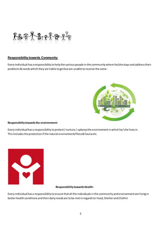5
Responsibility towards Community:
EveryIndividual hasaresponsibilitytohelpthe variouspeople inthe communitywhere he/shestaysandaddresstheir
problems&needswhichthey are liable togetbutare unable toreceive the same.
Responsibiltytowardsthe environment:
Everyindividualhasa responsibilitytoprotect/nurture / upkeepthe environmentinwhichhe/she livesin.
ThisIncludesthe protectionif the natural environment/Flora&Faunaetc.
ResponsibilitytowardsHealth:
Everyindividualhasa responsibilitytoensure thatall the individualsinthe communityandenvironmentare livingin
betterhealthconditionsandtheirdailyneedsare tobe metinregardsto Food, ShelterandClothin
 