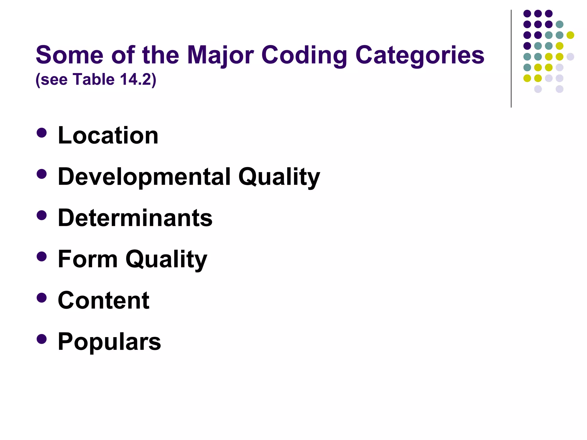 Some of the Major Coding Categories
(see Table 14.2)
 Location
 Developmental Quality
 Determinants
 Form Quality
 Content
 Populars
 