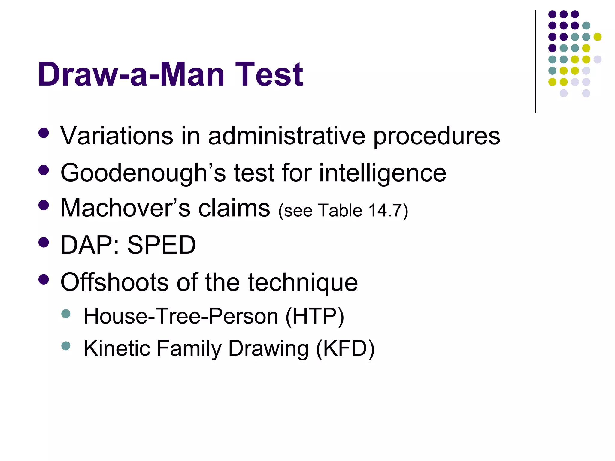 Draw-a-Man Test
 Variations in administrative procedures
 Goodenough’s test for intelligence
 Machover’s claims (see Table 14.7)
 DAP: SPED
 Offshoots of the technique
 House-Tree-Person (HTP)
 Kinetic Family Drawing (KFD)
 