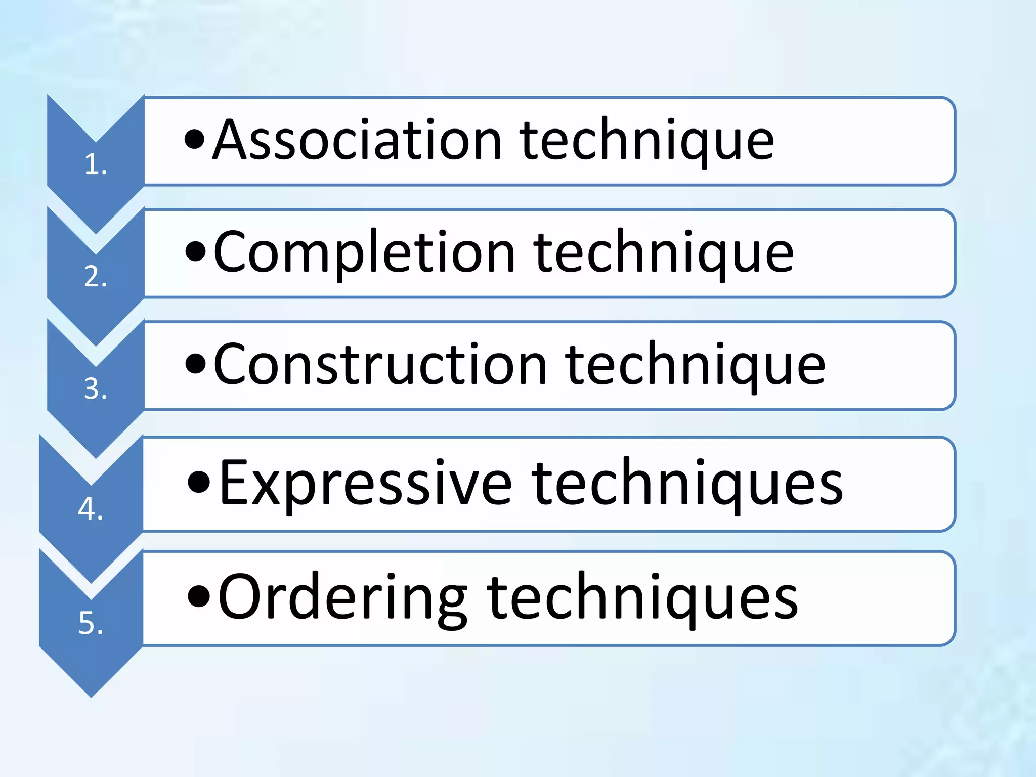 4. •Expressive techniques
5. •Ordering techniques
1. •Association technique
2. •Completion technique
3. •Construction technique
 