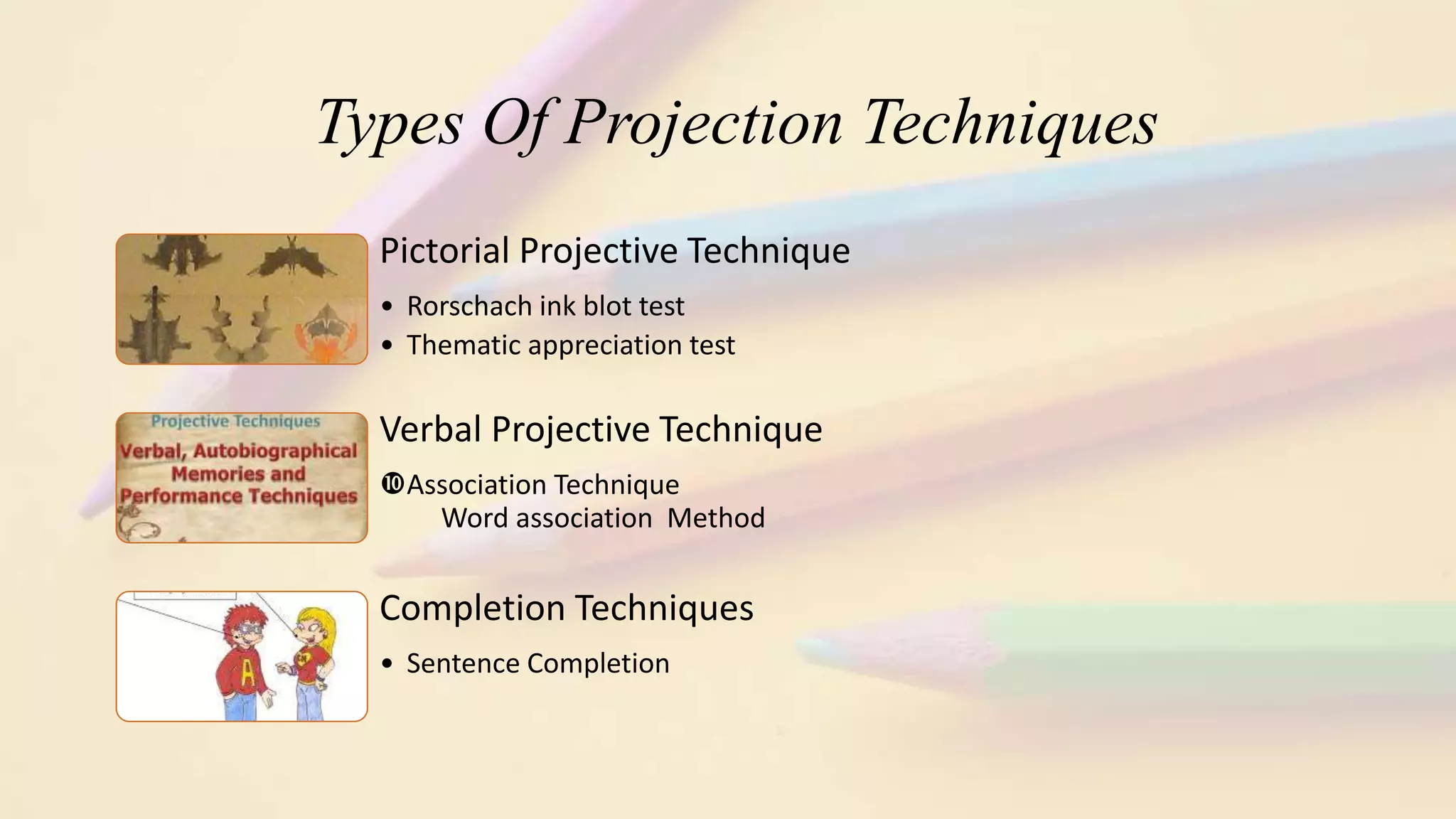 Types Of Projection Techniques
Pictorial Projective Technique
• Rorschach ink blot test
• Thematic appreciation test
Verbal Projective Technique
Association Technique
Word association Method
Completion Techniques
• Sentence Completion
 