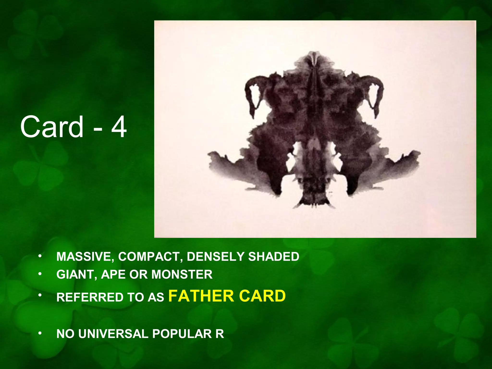 Card - 4

•
•

MASSIVE, COMPACT, DENSELY SHADED
GIANT, APE OR MONSTER

•

REFERRED TO AS FATHER

•

NO UNIVERSAL POPULAR R

CARD

 